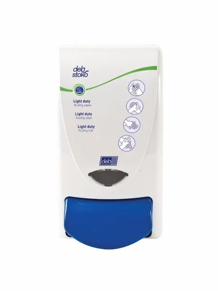 Deb Stoko Cleanse Light -annostelija puhdistavalle voidesaippualle, valkoinen muovi sinisellä painikkeella, 1 L